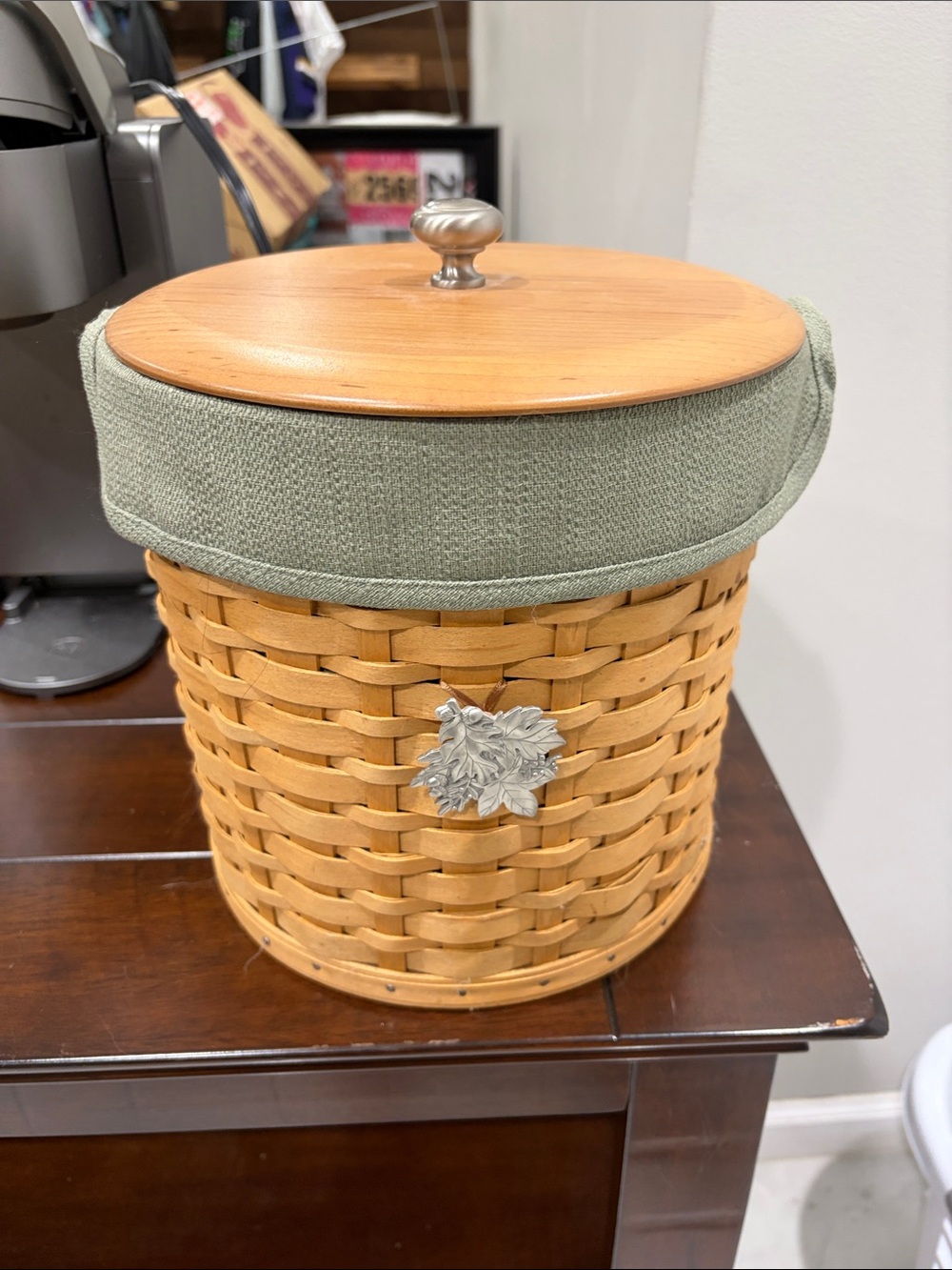 Longaberger Natural Woven ice bucket with Sage Fabric Trim and Wooden Lid